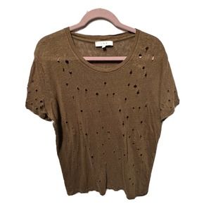 IRO Top L T-Shirt Green Distressed Holes Casual Short Sleeve Linen